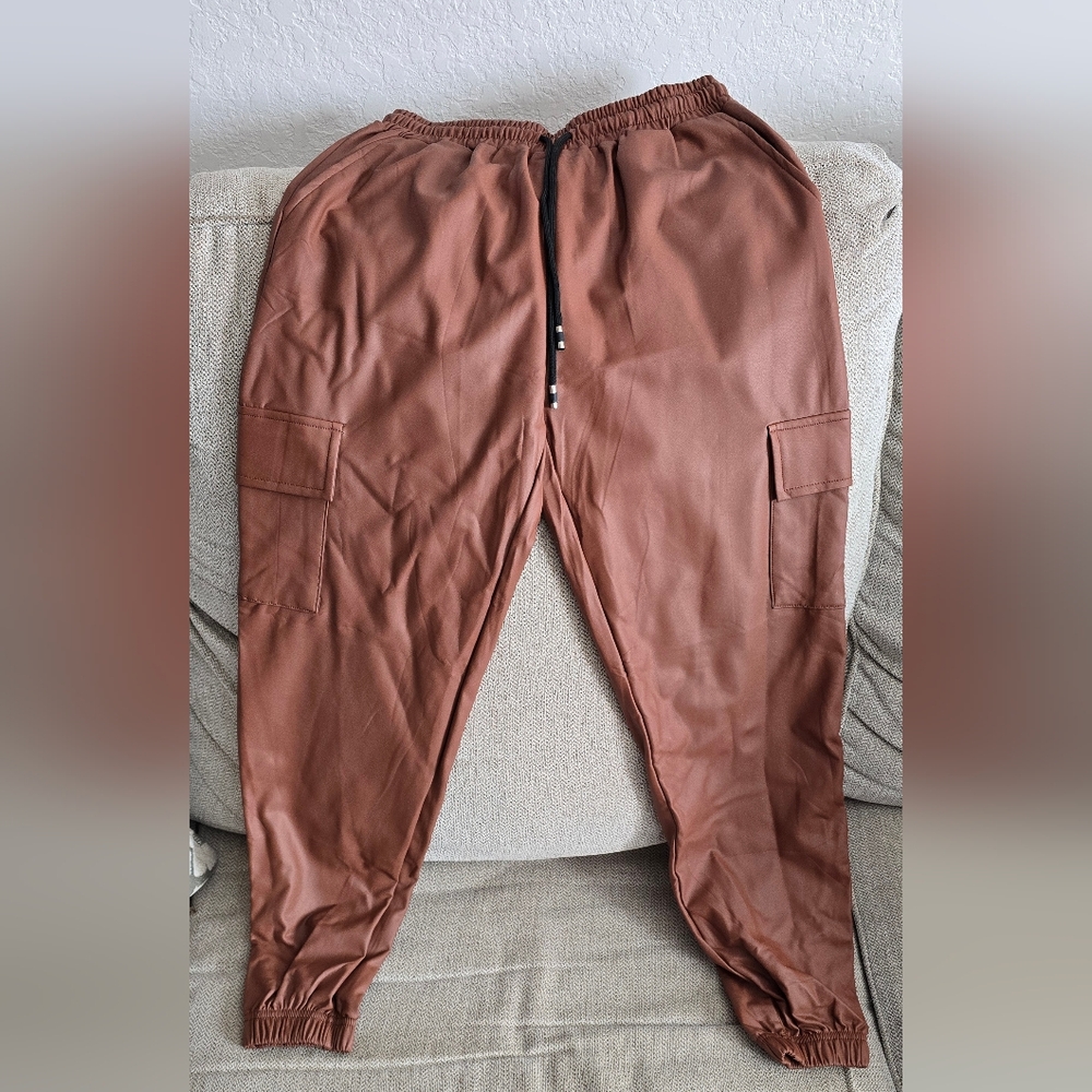 Brown Pleather Cargo Jogger Pants